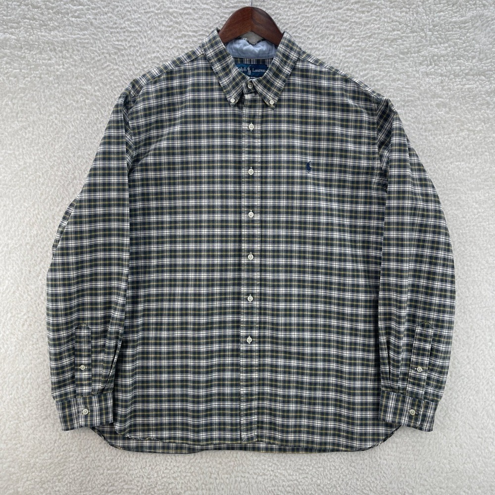 Polo Ralph Lauren Shirt Mens 2XL Green Blue Oxford OCBD Plaid Preppy Casual